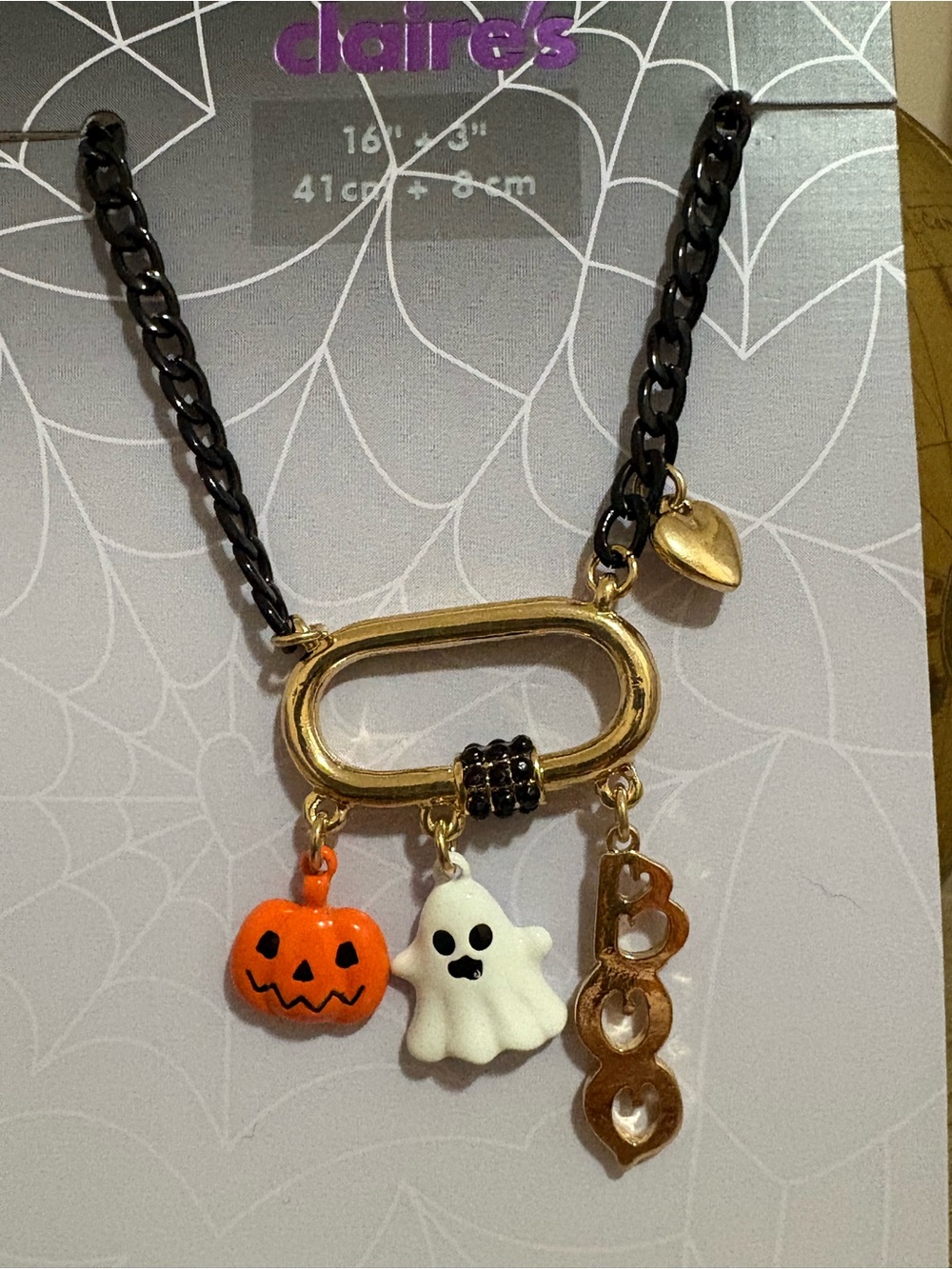 Claire's Gold & Black Halloween Pumpkin Ghost Charm Necklace 16" + 3" Ext